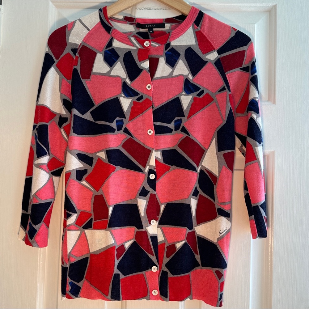 Gucci Pink Navy Red Mosaic Pattern Cardigan